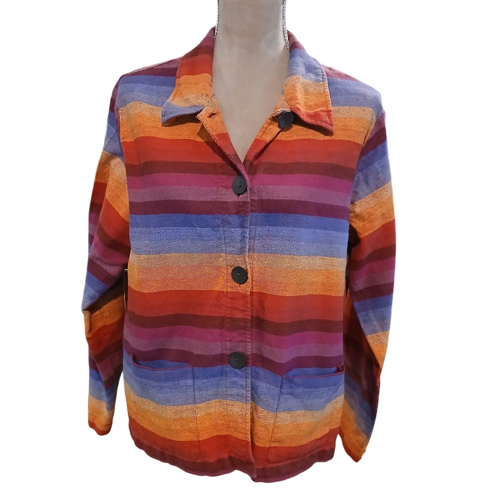 Vtg Coldwater Creek Medium Linen Blend Striped Button Front Jacket Retro Rainbow